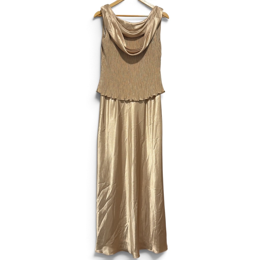 Vintage Champagne Gold Pleated Cowl Neck Maxi Evening Gown Dress Size 8
